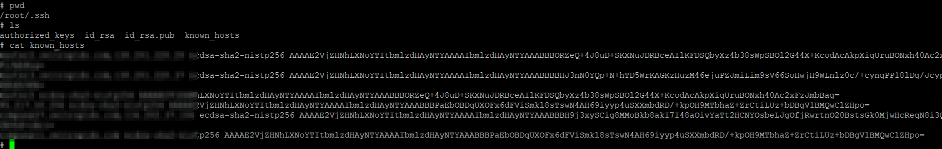 contents of /root/.ssh, found id_rsa private key and contents of known_hosts.