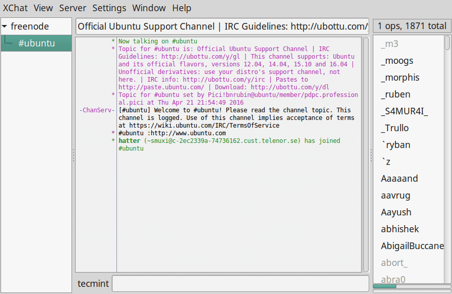 XChat - freenode server - Linux